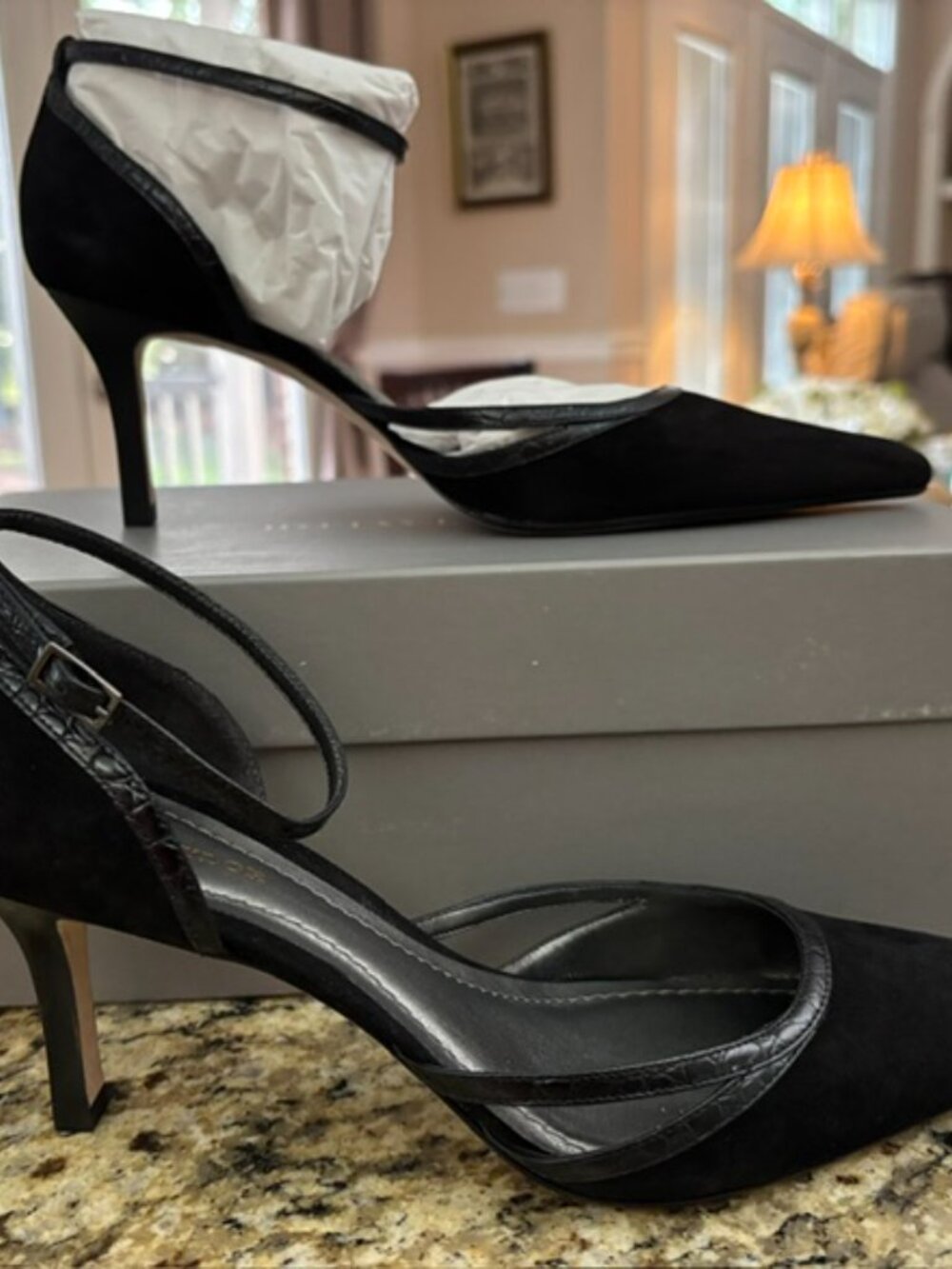 Ann Taylor Lara Black Suede Ankle Strap Heels New in Box Made in Brazil Size 7.5